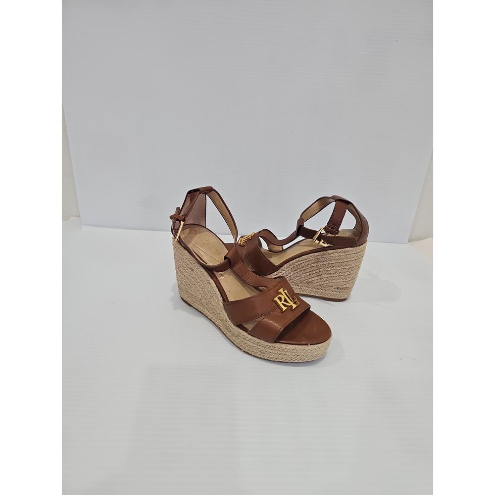 Lauren Ralph Lauren Hale Leather Wedge Espadrilles Deep Saddle Tan Women's 5